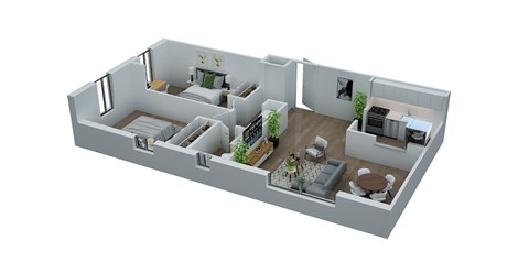 Floor plan for 2 beds, 1 bath, 817 sqft